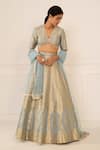 Studio Iris India_Blue Silk V Neck Banarasi Lehenga Set _Online_at_Aza_Fashions