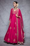 Buy_Ajiesh Oberoi_Pink Dupion Silk, Soft Net V Neck Floral Embroidered Anarkali Set _at_Aza_Fashions
