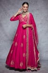 Ajiesh Oberoi_Pink Dupion Silk, Soft Net V Neck Floral Embroidered Anarkali Set _Online_at_Aza_Fashions