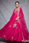 Buy_Ajiesh Oberoi_Pink Dupion Silk, Soft Net V Neck Floral Embroidered Anarkali Set _Online_at_Aza_Fashions