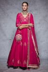 Shop_Ajiesh Oberoi_Pink Dupion Silk, Soft Net V Neck Floral Embroidered Anarkali Set _Online_at_Aza_Fashions