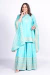 Shop_Gopi Vaid_Blue Kurta And Sharara Tussar Silk Woven Geometric Notched Set _at_Aza_Fashions