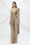 Kommal Sood_Beige Satin Embroidered Pre-draped Saree_Online_at_Aza_Fashions