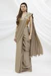 Buy_Kommal Sood_Beige Satin Embroidered Pre-draped Saree_at_Aza_Fashions