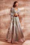Studio Iris India_Green Organza V Neck Bridal Lehenga Set _Online_at_Aza_Fashions