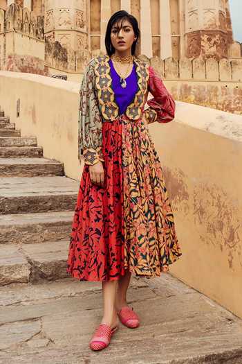 Buy_Swati Vijaivargie_Blue , Chanderi V Neck Dress And Jacket _at_Aza_Fashions