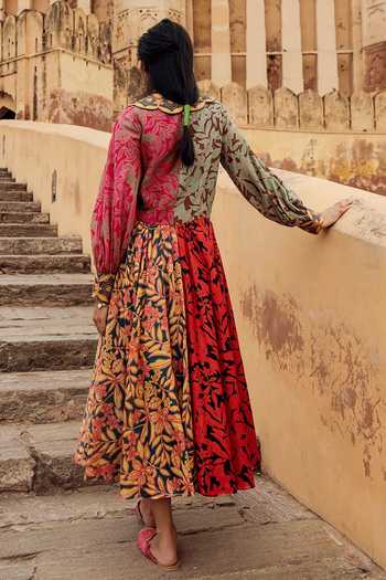Shop_Swati Vijaivargie_Blue , Chanderi V Neck Dress And Jacket _at_Aza_Fashions