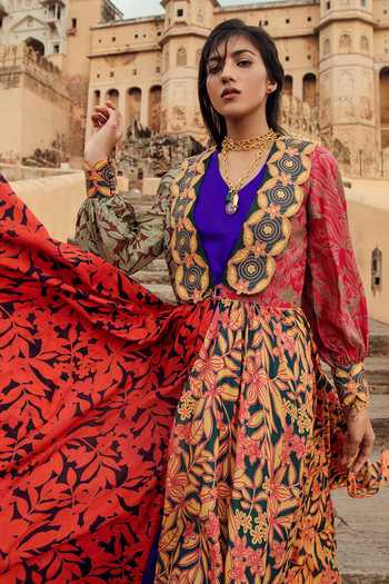 Swati Vijaivargie_Blue , Chanderi V Neck Dress And Jacket _Online_at_Aza_Fashions