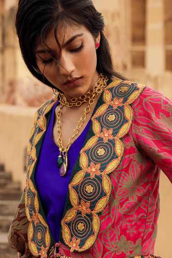 Shop_Swati Vijaivargie_Blue , Chanderi V Neck Dress And Jacket _Online_at_Aza_Fashions