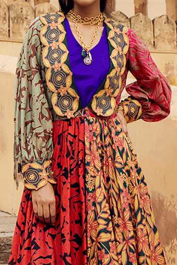 Swati Vijaivargie_Blue , Chanderi V Neck Dress And Jacket _at_Aza_Fashions