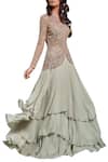 Sana Barreja_Green Net, Chiffon Embroidered Jacket Lehenga Set _Online_at_Aza_Fashions