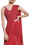 Sana Barreja_Maroon Net, Georgette V Neck Pre-draped Embroidered Saree Set _Online_at_Aza_Fashions