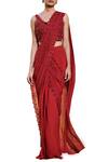 Shop_Sana Barreja_Maroon Net, Georgette V Neck Pre-draped Embroidered Saree Set _at_Aza_Fashions