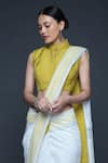 Shop_Sanjev Marwaaha_Yellow Chanderi Printed Floral Band Collar Block Saree With Blouse _Online_at_Aza_Fashions