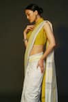 Sanjev Marwaaha_Yellow Chanderi Printed Floral Band Collar Block Saree With Blouse _at_Aza_Fashions