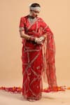 Buy_Ruar India_Red Saree Organza Embroidery High Neck With Blouse  _at_Aza_Fashions