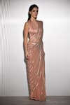 Shop_Rohit Gandhi + Rahul Khanna_Peach 100% Polyester V Neck Sheer Embellished Saree With Blouse _at_Aza_Fashions