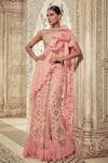 Buy_Archana Kochhar_Pink Georgette Embroidered Thread V Neck Ruffle Saree With Blouse _at_Aza_Fashions