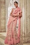 Shop_Archana Kochhar_Pink Georgette Embroidered Thread V Neck Ruffle Saree With Blouse _at_Aza_Fashions