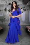 Buy_Archana Kochhar_Blue Georgette Printed Lotus Motifs Pre-draped Ruffle Saree With Blouse _at_Aza_Fashions