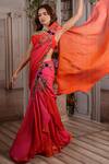 Archana Kochhar_Red Saree Satin Georgette Blouse Raw Silk Embroidered Dahlia Pre-draped With _Online_at_Aza_Fashions