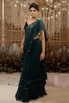 Buy_Archana Kochhar_Green Saree Georgette Embroidered Sequin Ruffle With Velvet Sleeveless Blouse _at_Aza_Fashions