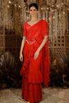Buy_Archana Kochhar_Red Blouse Raw Silk, Saree Georgette Mirror, Resham V Ruffle With Embroidered _at_Aza_Fashions