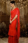 Archana Kochhar_Red Blouse Raw Silk, Saree Georgette Mirror, Resham V Ruffle With Embroidered _Online_at_Aza_Fashions