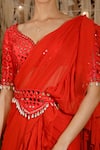 Buy_Archana Kochhar_Red Blouse Raw Silk, Saree Georgette Mirror, Resham V Ruffle With Embroidered _Online_at_Aza_Fashions