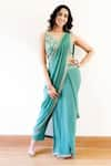 Buy_Samatvam by Anjali Bhaskar_Green Georgette Embroidery V Neck Pre-draped Pant Saree Set _at_Aza_Fashions