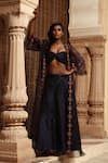 Samatvam By Anjali Bhaskar_Black Raw Silk, Organza Sweetheart Neck Embroidered Jacket And Skirt Set _Online_at_Aza_Fashions