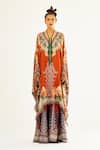 Buy_Rajdeep Ranawat_Orange Silk Printed Floral V Neck Gulrez Kaftan Tunic  _Online_at_Aza_Fashions