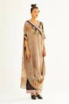 Rajdeep Ranawat_Brown Silk Printed Floral V Neck Izumi Kaftan Tunic  _Online_at_Aza_Fashions