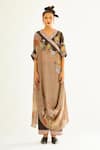 Buy_Rajdeep Ranawat_Brown Silk Printed Floral V Neck Izumi Kaftan Tunic  _Online_at_Aza_Fashions