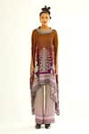 Buy_Rajdeep Ranawat_Brown Silk Printed Floral Cowl Neck Lavanya Draped Tunic  _Online_at_Aza_Fashions