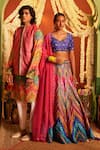 Shop_Siddhartha Bansal_Multi Color Raw Silk Printed Wave And Floral Embroidery V Lehenga Set _Online_at_Aza_Fashions