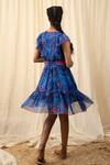 Shop_Label Reyya_Blue Poly Georgette Typography Print And Thread Work V Neck Ruffle Yoke Dress _at_Aza_Fashions