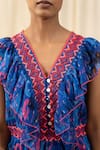 Buy_Label Reyya_Blue Poly Georgette Typography Print And Thread Work V Neck Ruffle Yoke Dress _Online_at_Aza_Fashions