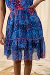 Shop_Label Reyya_Blue Poly Georgette Typography Print And Thread Work V Neck Ruffle Yoke Dress _Online_at_Aza_Fashions