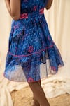 Label Reyya_Blue Poly Georgette Typography Print And Thread Work V Neck Ruffle Yoke Dress _at_Aza_Fashions