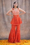 Buy_Silky Bindra_Orange Crepe Embroidered Mirror V Neck Peplum Kurta And Sharara Set _at_Aza_Fashions