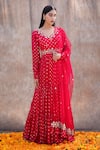 Buy_Silky Bindra_Pink Georgette Embroidered Mirror V Neck Tiered Anarkali With Dupatta _at_Aza_Fashions