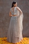 Shop_Silky Bindra_Grey Net, Shantoon Mirror V Neck Embellished Bridal Lehenga Set _at_Aza_Fashions