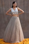 Silky Bindra_Grey Net, Shantoon Mirror V Neck Embellished Bridal Lehenga Set _Online_at_Aza_Fashions