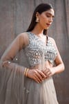 Buy_Silky Bindra_Grey Net, Shantoon Mirror V Neck Embellished Bridal Lehenga Set _Online_at_Aza_Fashions
