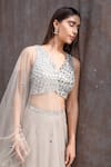 Shop_Silky Bindra_Grey Net, Shantoon Mirror V Neck Embellished Bridal Lehenga Set _Online_at_Aza_Fashions