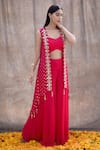 Silky Bindra_Pink Georgette, Shantoon Mirror, Nakshi V Neck Embellished Cape And Pant Set _Online_at_Aza_Fashions