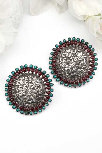 Shop_Sangeeta Boochra_Silver Plated Stones Carved Stud Earrings _at_Aza_Fashions