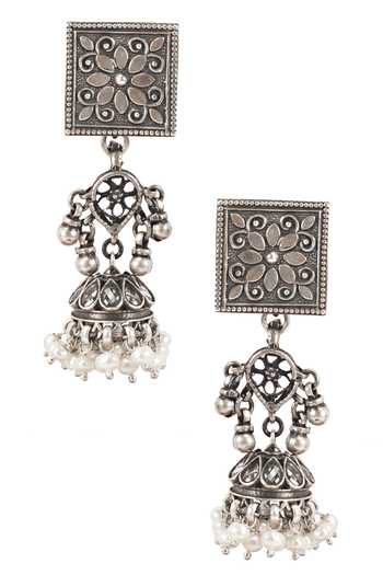 Shop_Sangeeta Boochra_Silver Plated Beads Drop Jhumkas _at_Aza_Fashions
