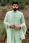 Shop_Anushree Reddy_Green Embroidered Sherwani Set _at_Aza_Fashions